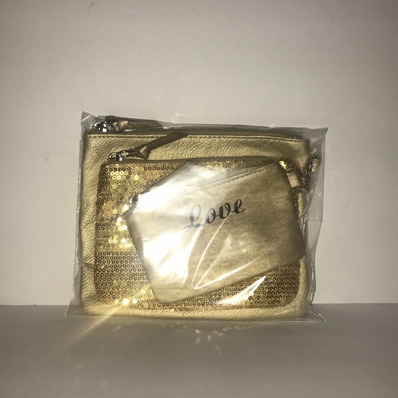 🍀 Cute Gold Love Trio Set Coin Makeup Pouch Cosmetic Travel Bag NEW 🍀 - Picture 6 of 6